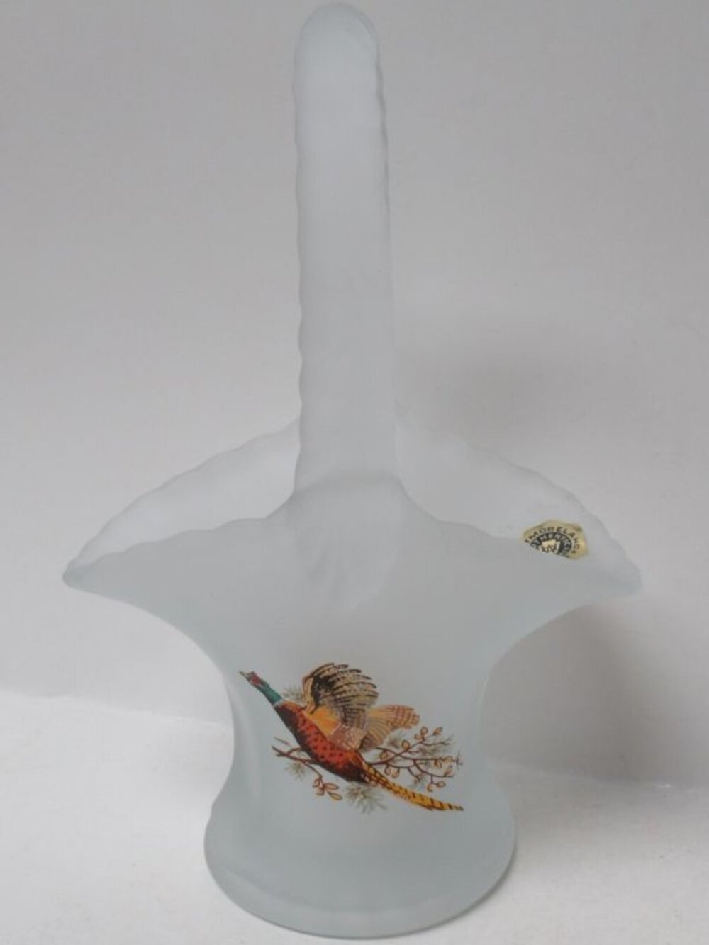 Westmoreland Frosted Mist Glass FLYING PHEASANT 6 3/4 In Handled Basket, O.Label